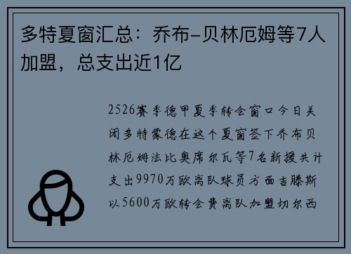 多特夏窗汇总：乔布-贝林厄姆等7人加盟，总支出近1亿